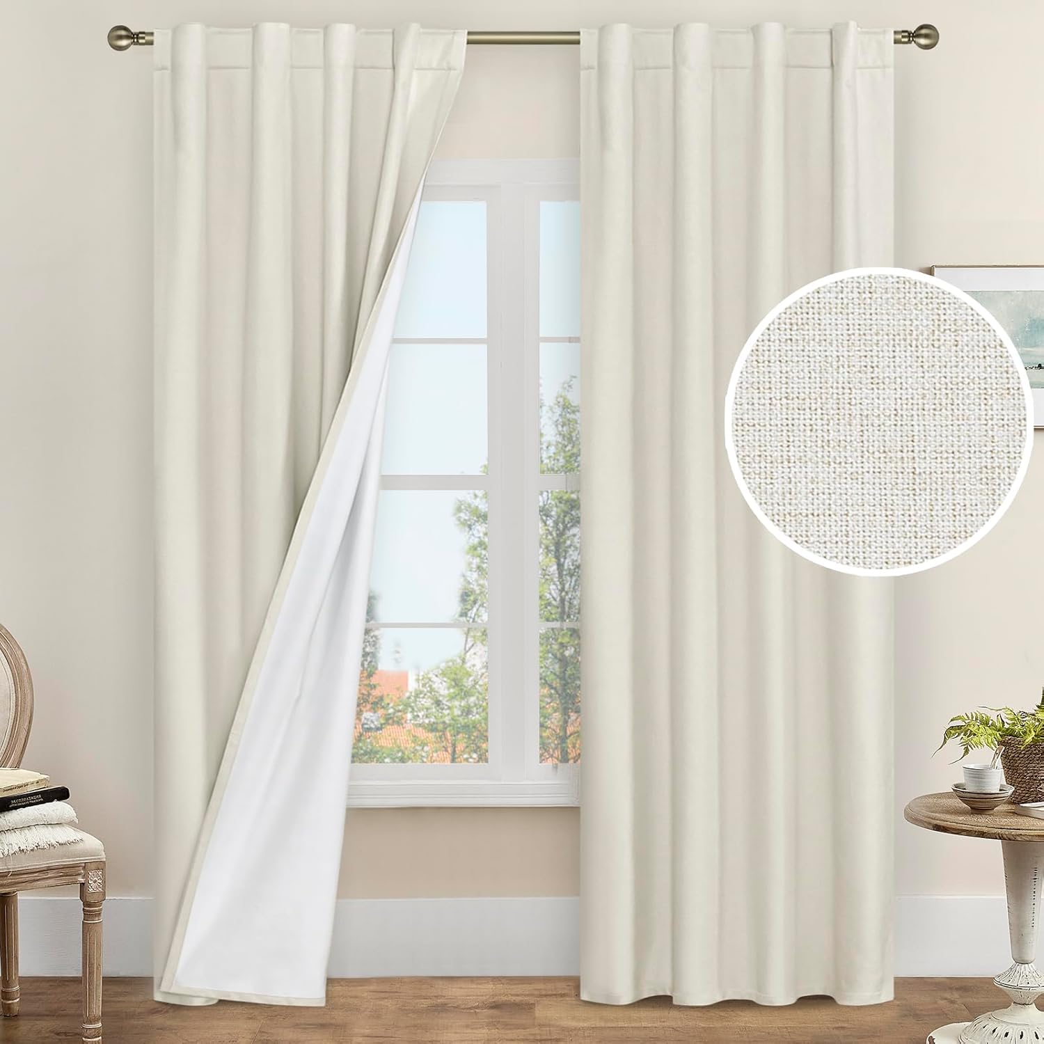 LAMIT Ivory 100% Blackout Linen Curtains for Elegant Living Rooms