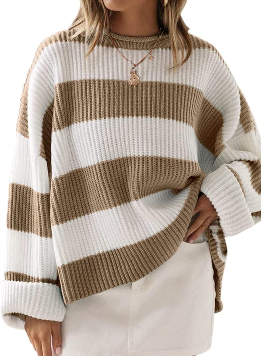 ZESICA Women's Oversized Striped Color Block Sweater for Fall