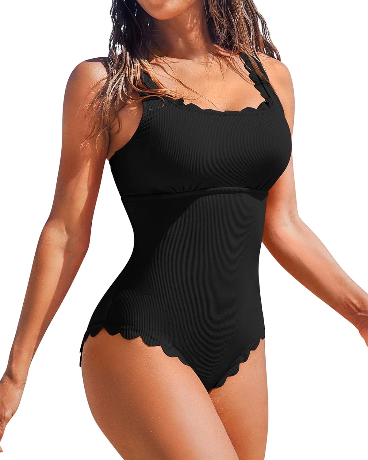 Charmo Womens Scalloped Ribbed One Piece Swimsuits for Summer
