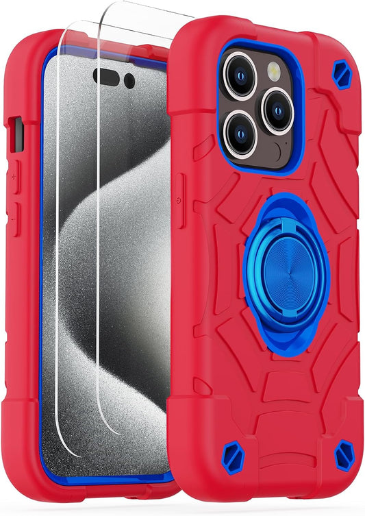 KCJ iPhone 15 Pro Case with Screen Protectors and Ring Stand