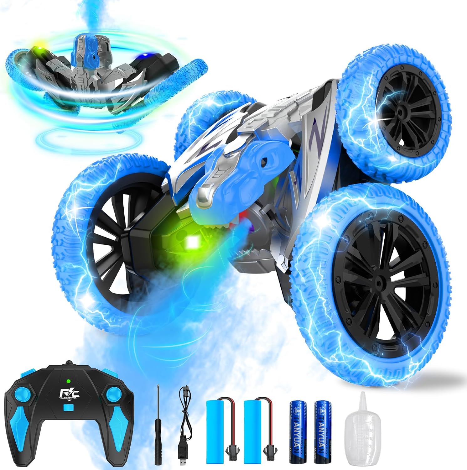 360 Rotating RC Stunt Car with Lights & Spray - Ultimate Kids Dino Truck Toy!