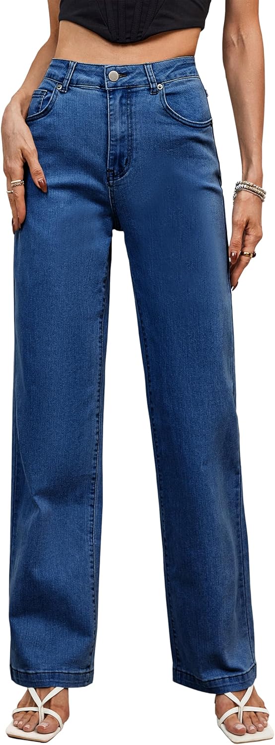 Tsher Womens Jeans Mid Waisted Straight Leg Loose Stretchy Fit