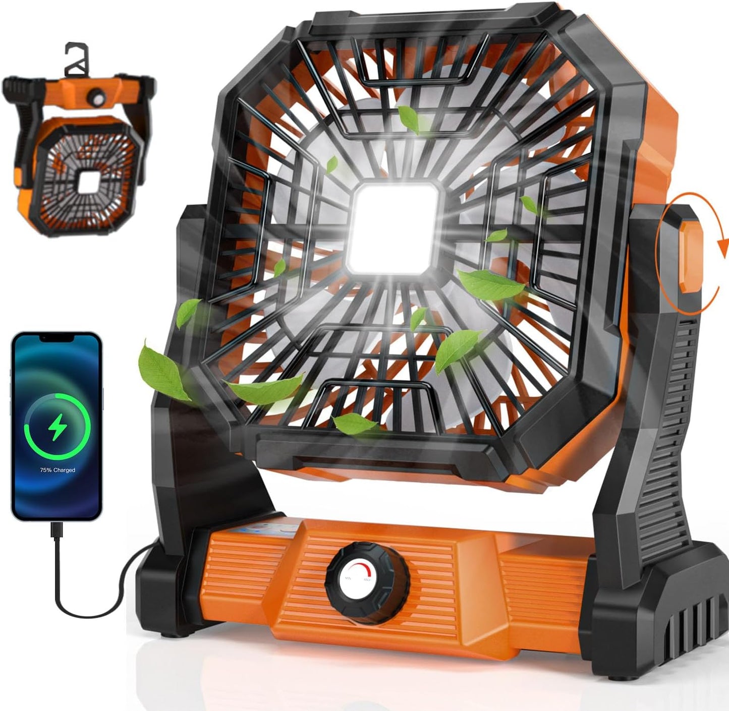 Rechargeable LED Camping Fan: 20000mAh Power, 270 Rotation, Portable Orange