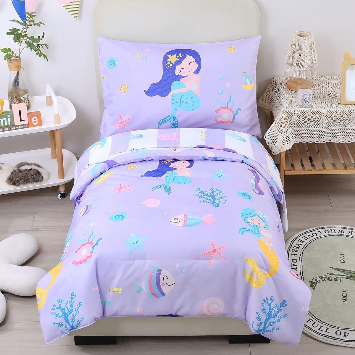 URBONUR Toddler Bedding Set - Cute Mermaid Comforter for Kids