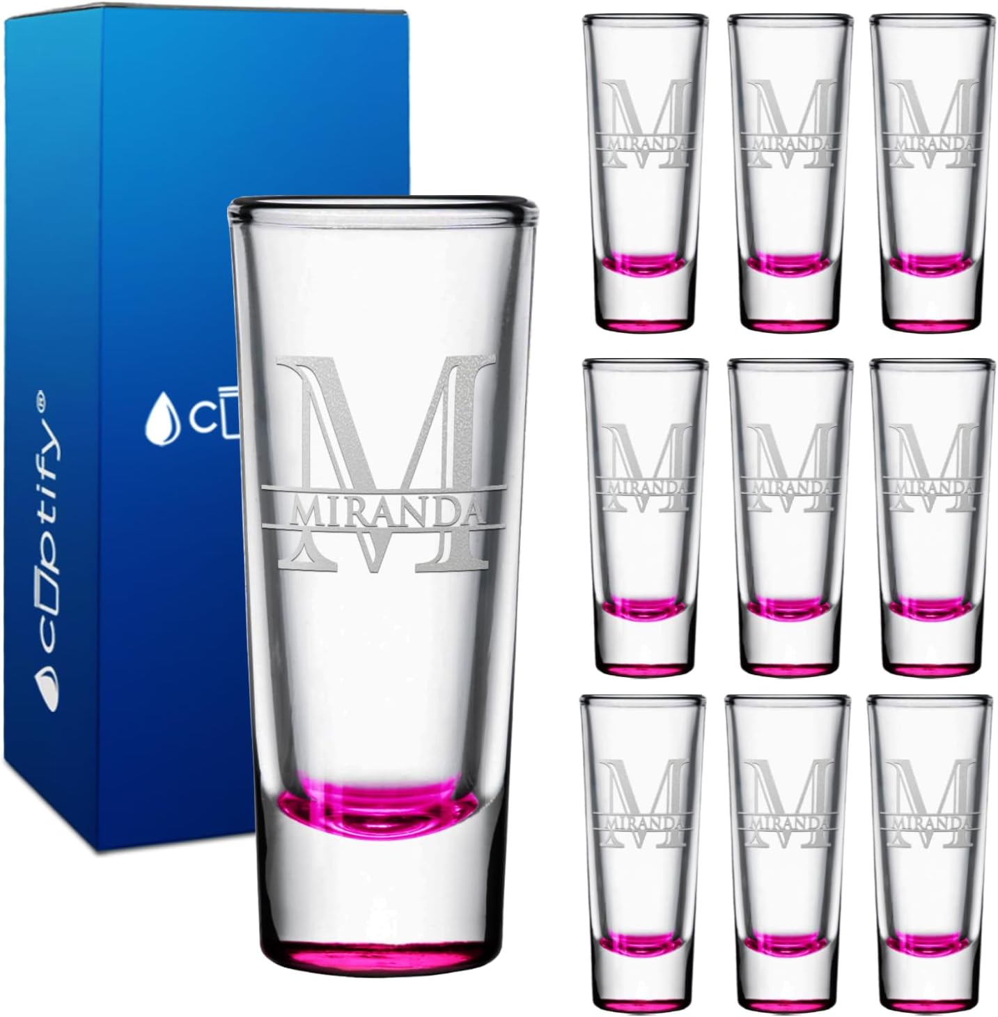 Personalized Shot Glasses Set of 10 with Elegant Pink Bottom