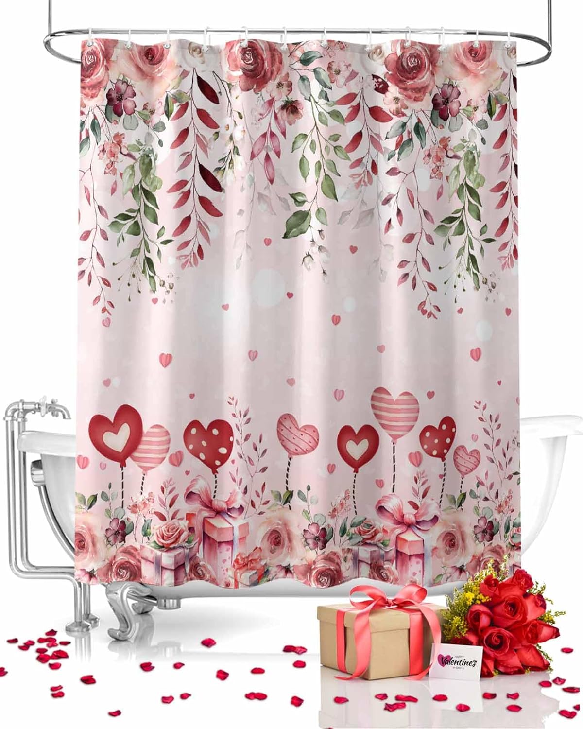Pink Love Heart Shower Curtain Set - Waterproof & Stylish 