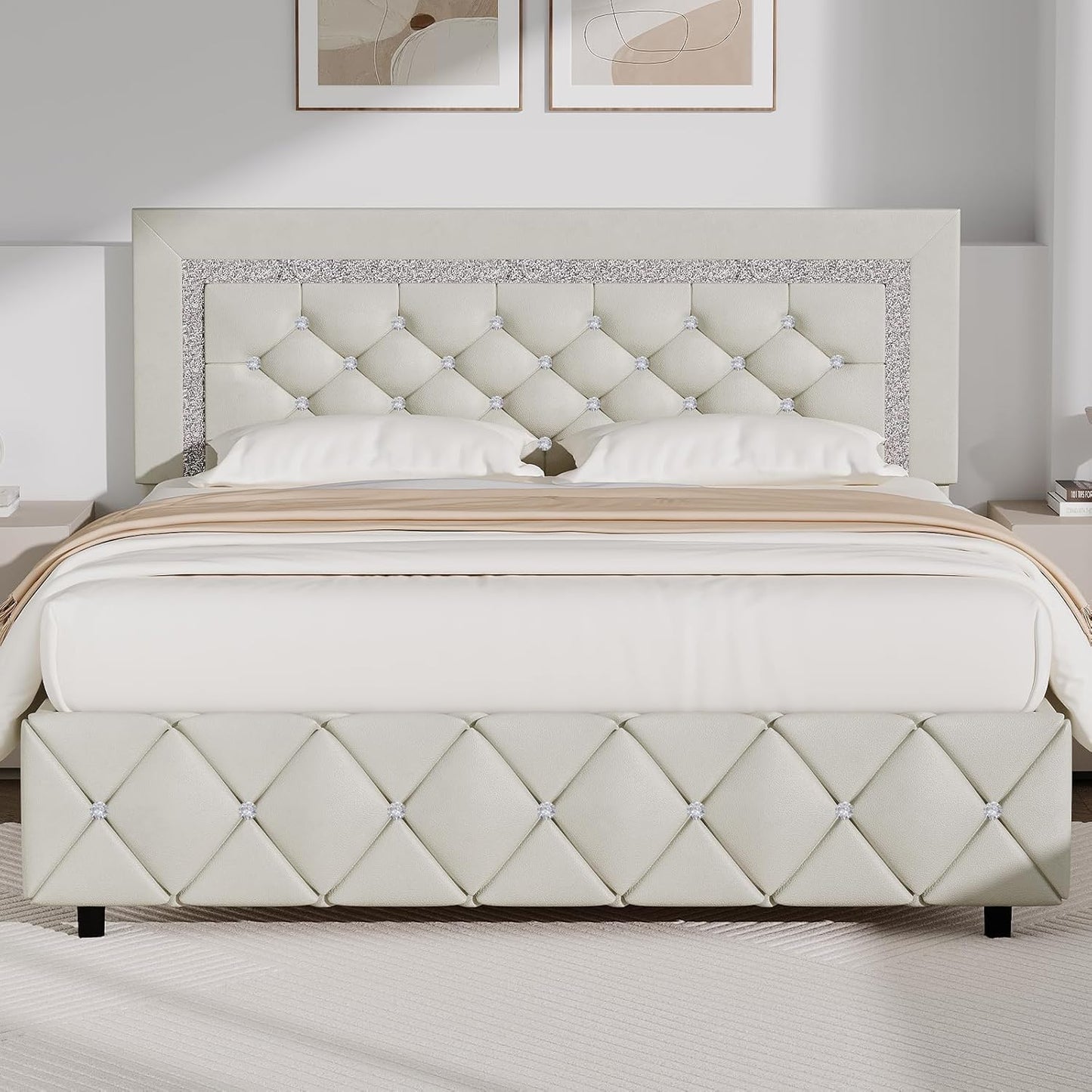 BarnFurin Full Bed Frame with Diamond Tufted Headboard Design