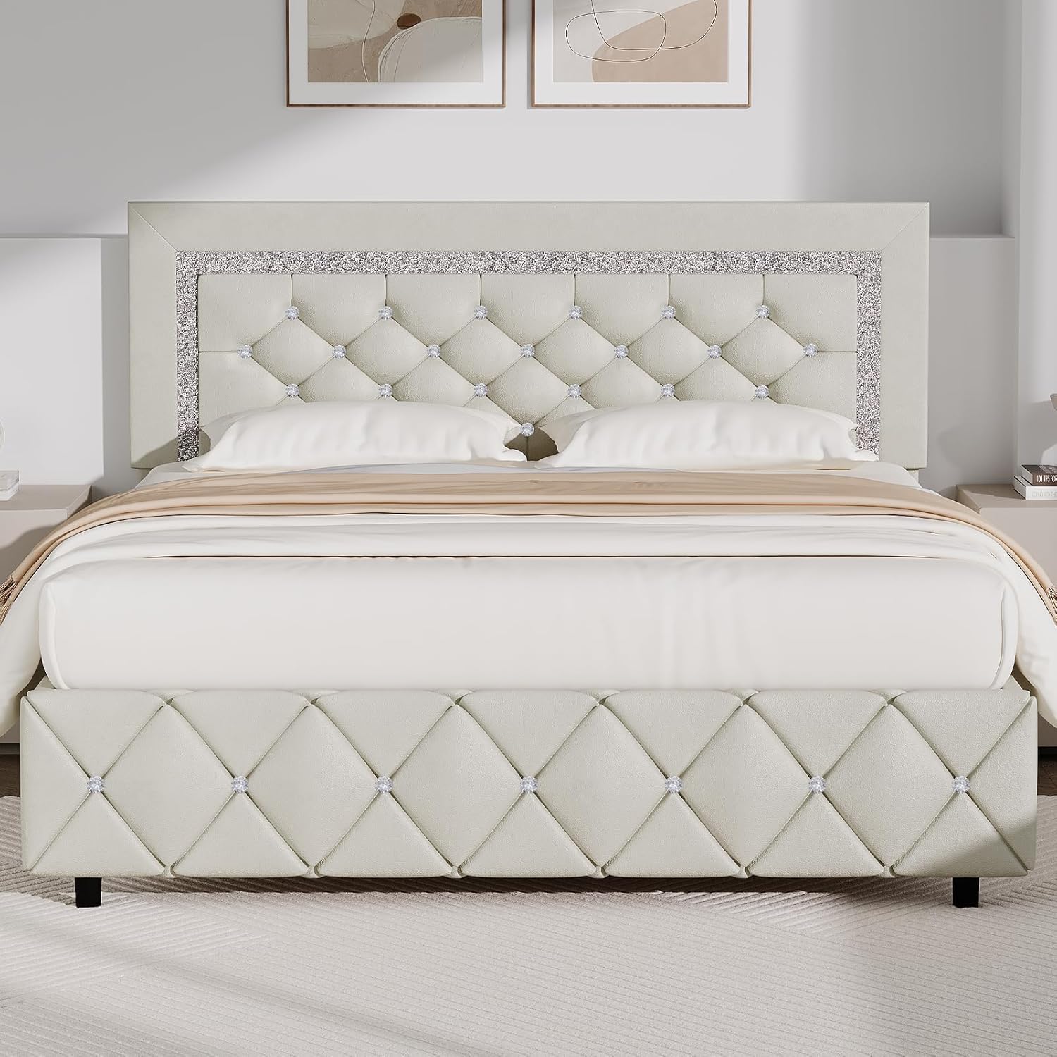 BarnFurin Full Bed Frame with Diamond Tufted Headboard Design