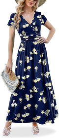 ANRILITA Maxi Dress for Women Wrap V Neck Pleated Waist - Flattering