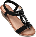 Womens Wedge Sandals with Flower Rhinestone - Comfortable Low Heel