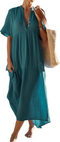 Womens Summer Cotton Flowy Maxi Dress - Boho Tiered Ruffle Casual