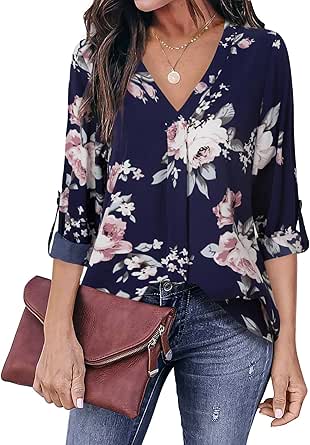 Youtalia Womens 3/4 Cuffed Sleeve Chiffon Blouse for All Seasons