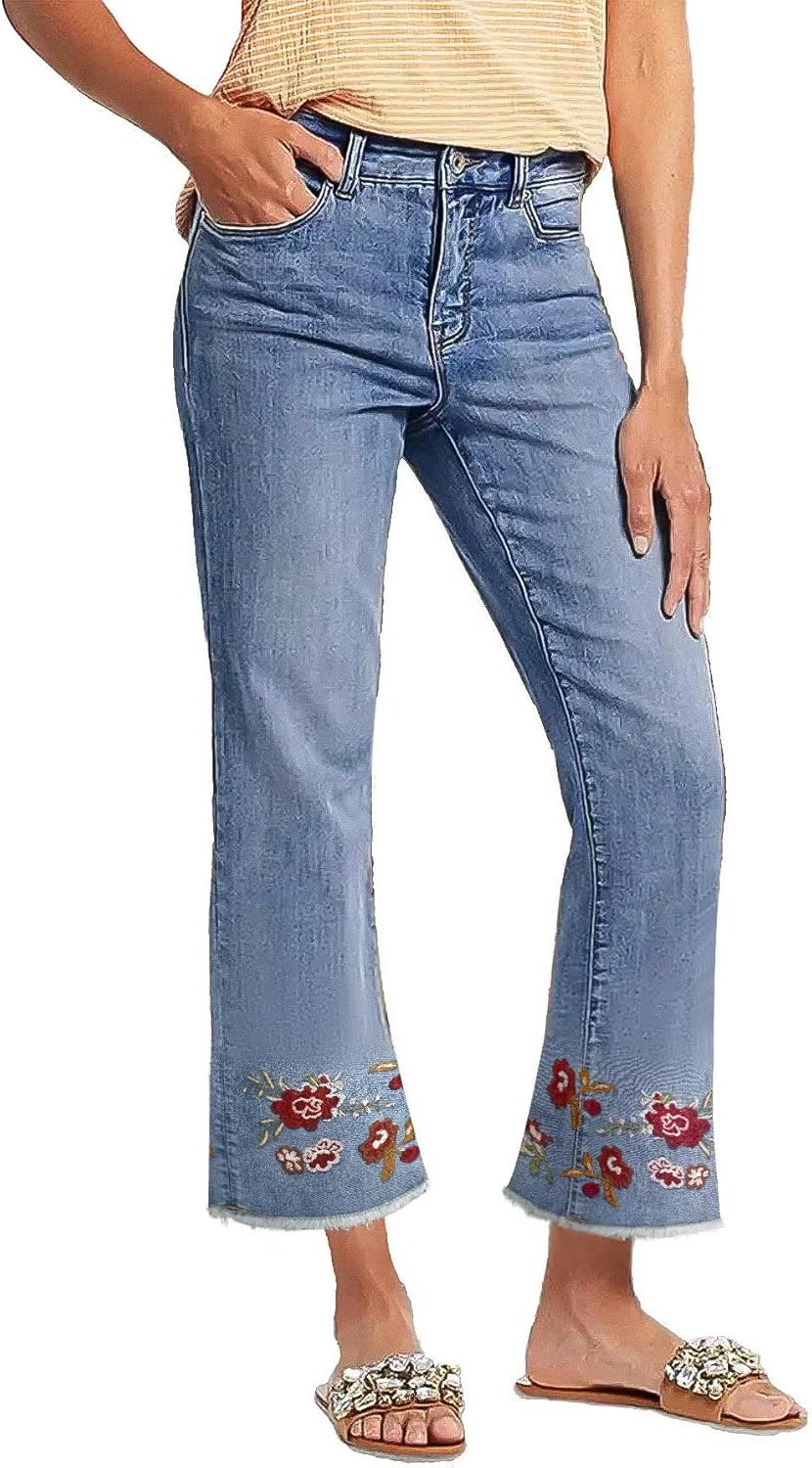 Flamingals Cropped Jeans for Women with Raw Hem and Embroidery