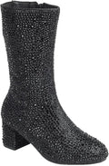 Girls Rhinestone Knee High Chunky Low Heel Boot - Side Zipper