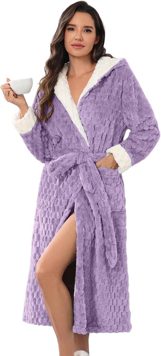 Ekouaer Womens Plush Robes Long Soft Jacquard Fluffy Bathrobe