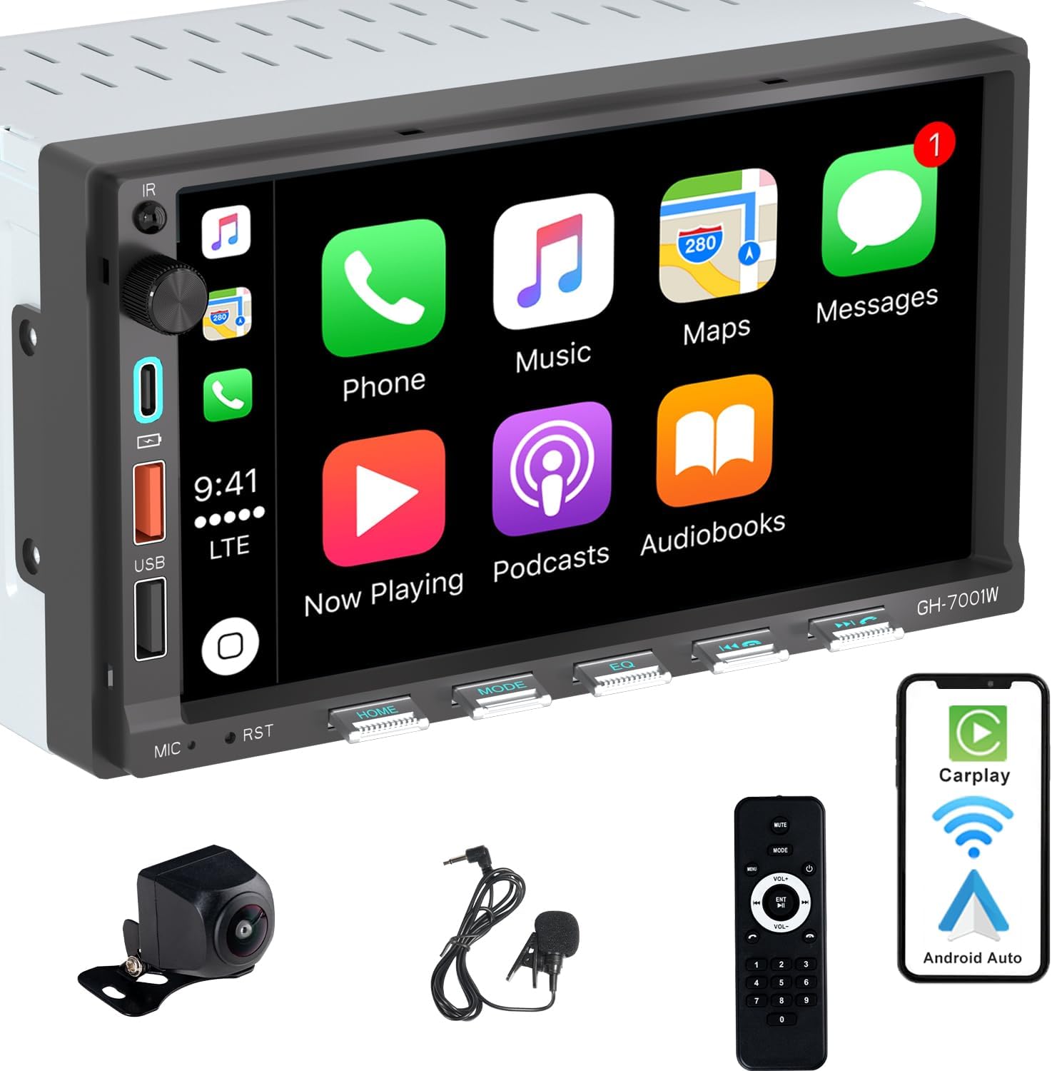 Double Din Car Stereo with 7 Inch Touchscreen and CarPlay
