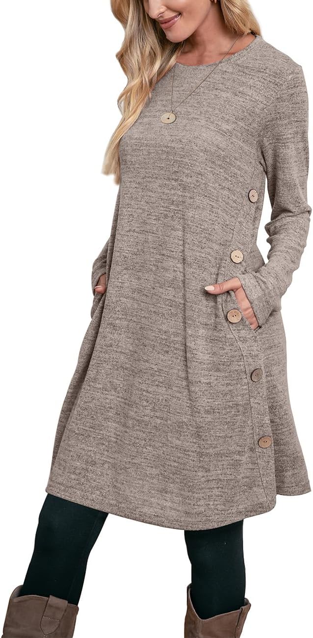 OFEEFAN Long Sleeve Dress for Women with Pockets and Buttons