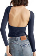 SUUKSESS Women Backless Long Sleeve Open Back Top - Double Lined