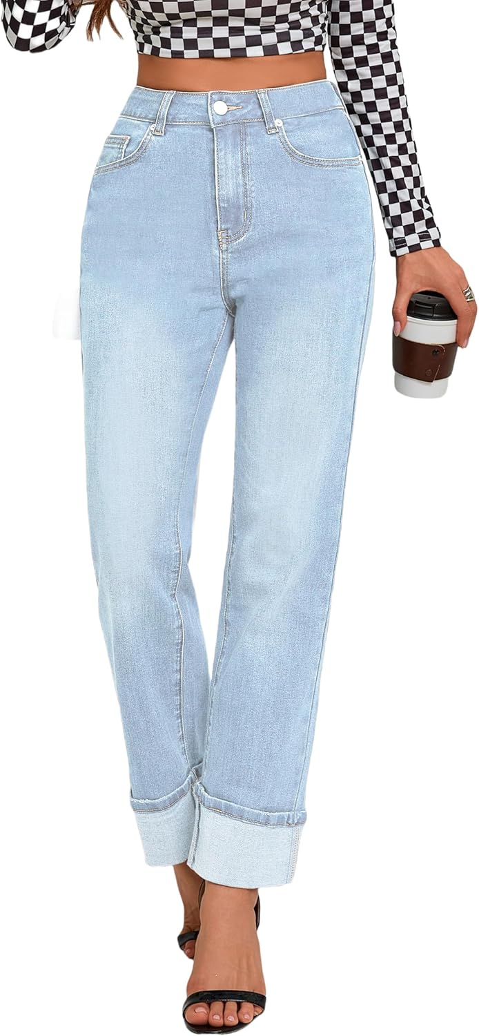 Womens High Waisted Stretchy Straight Leg Jeans for Tummy Control