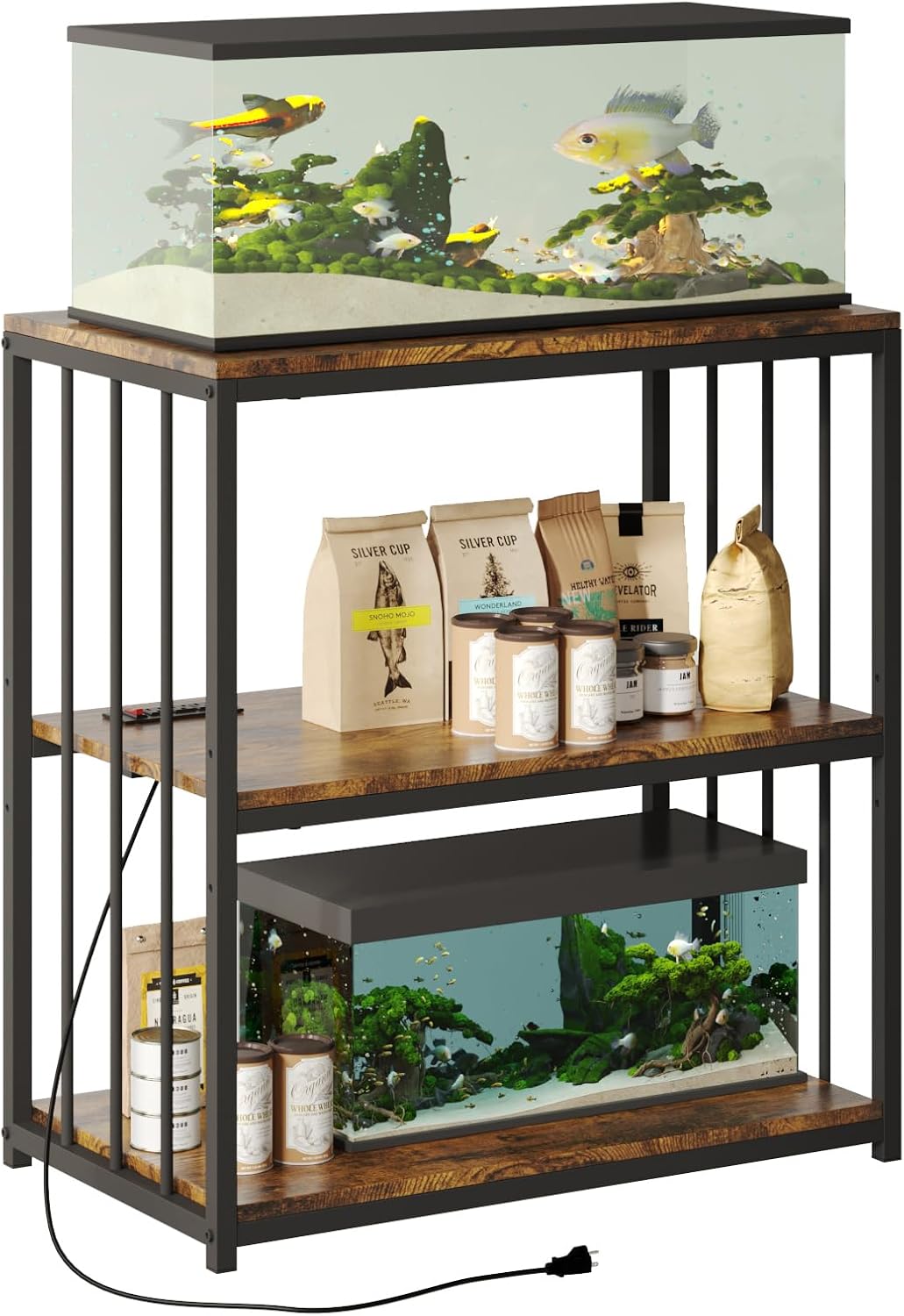 20 Gallon Fish Tank Stand with Power Outlet and Adjustable Shelves