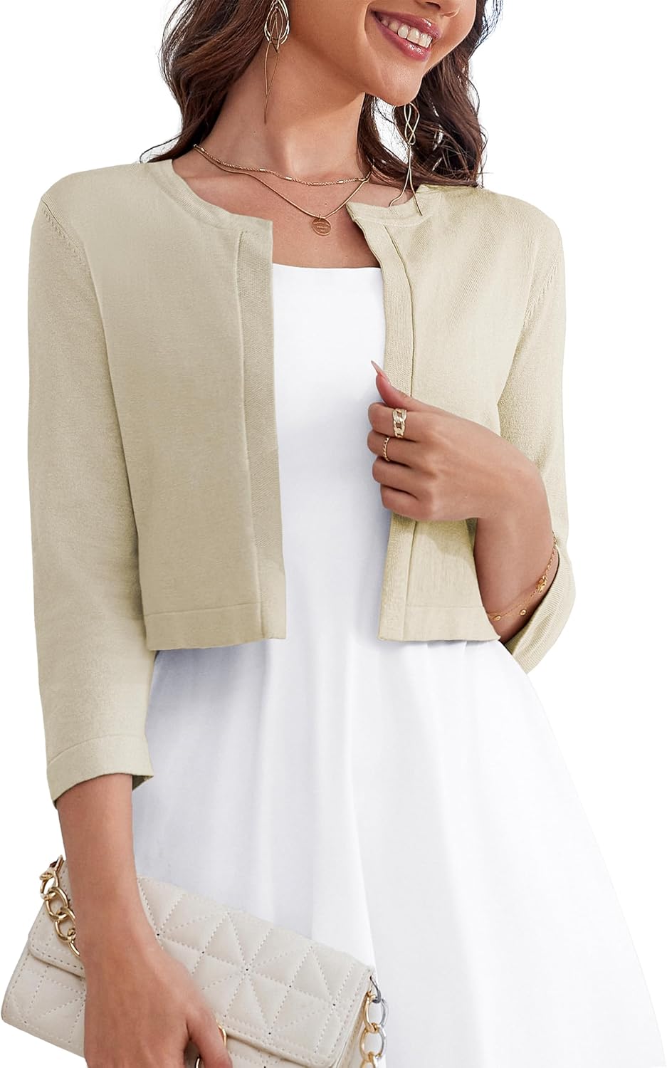 OmicGot Women's 3/4 Sleeve Open Front Knit Cropped Cardigan