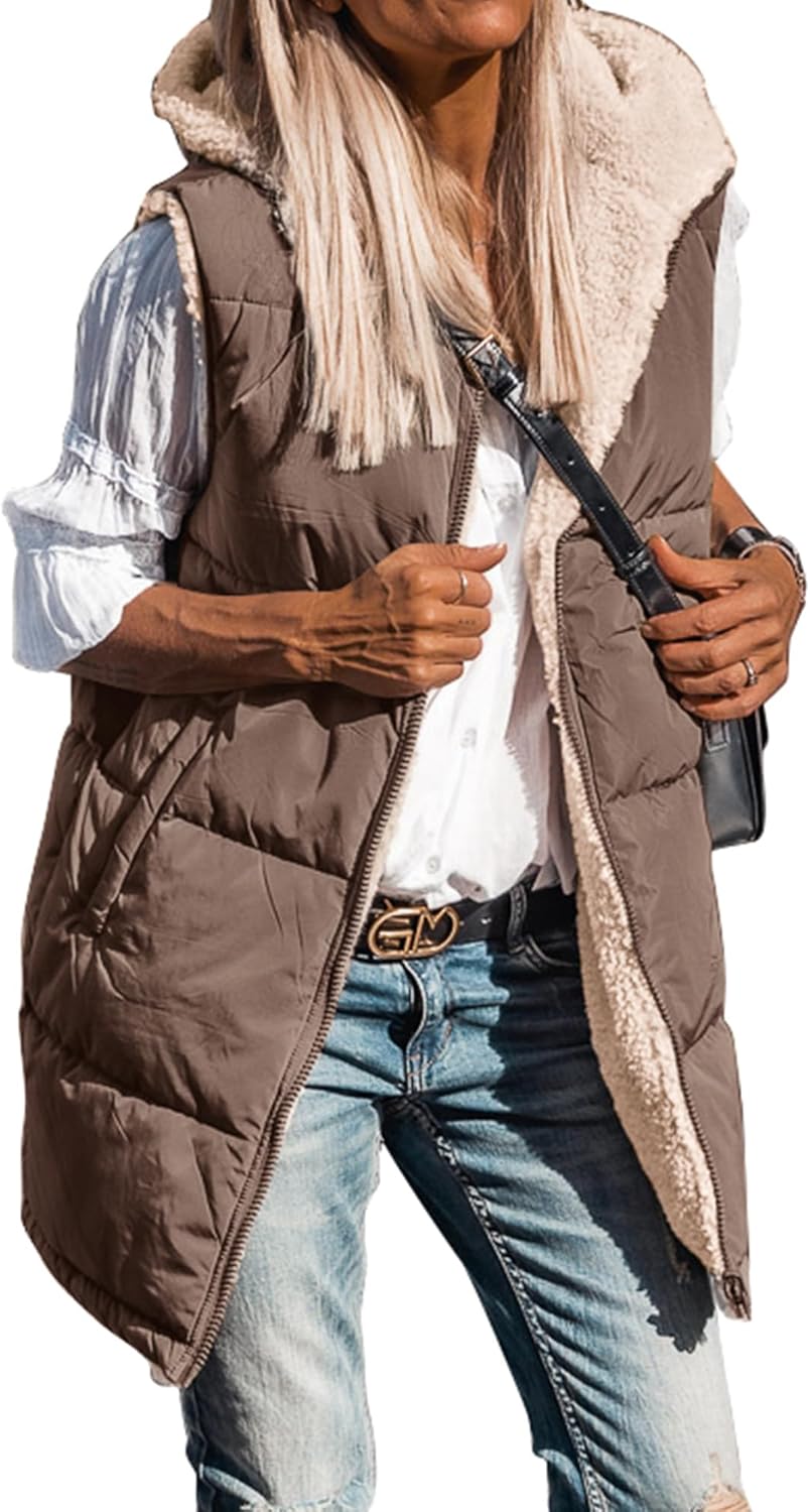 Long Puffer Vest Women Sleeveless Hooded Reversible Jacket