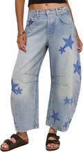 Barrel Jeans for Women Wide Leg Baggy Mid Rise - Distressed Denim