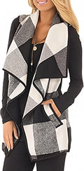 Womens Buffalo Plaid Vest with Lapel - Open Front Sleeveless Cardigan