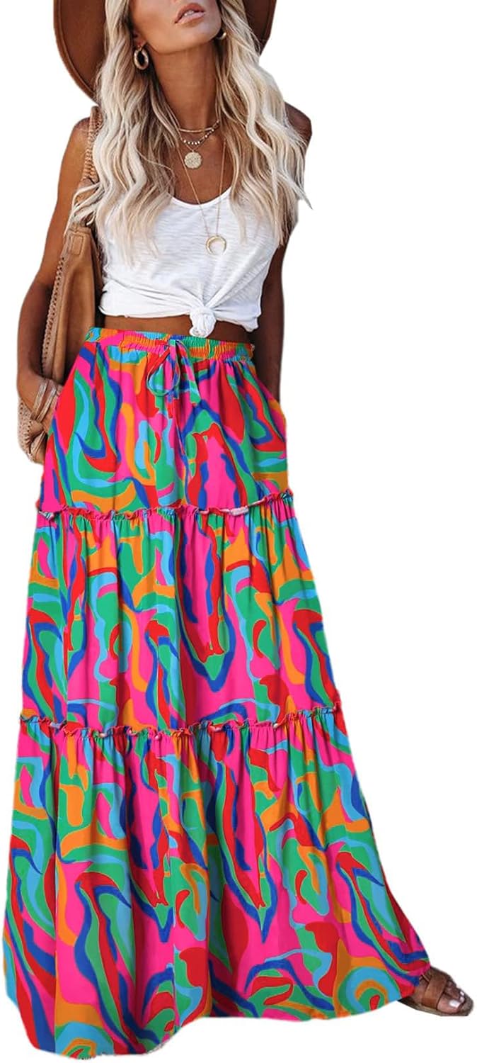 EARKOHA Womens Casual High Waist Tie Paisley Print Maxi Skirt