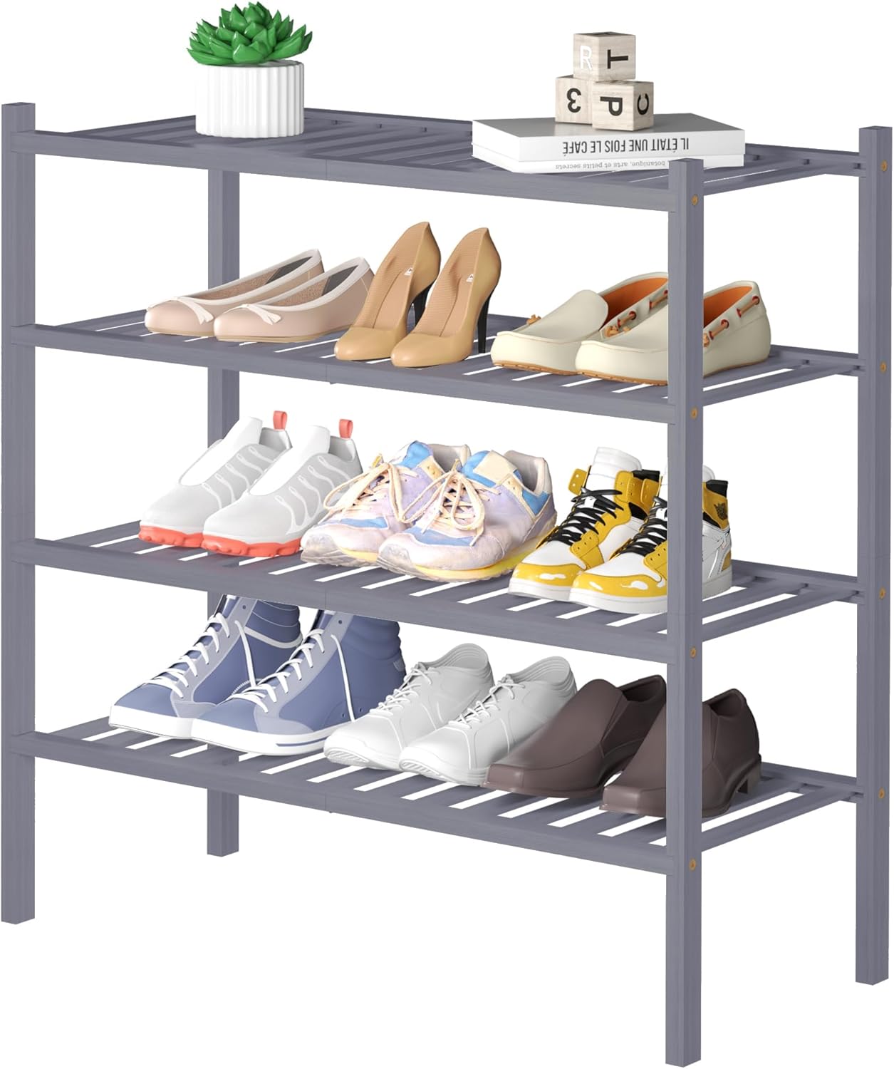 4 Tier Bamboo Shoe Rack for Closet - Stackable Wood Shelf