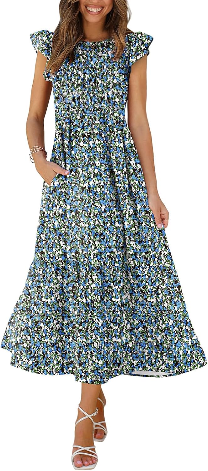 OFEEFAN Women's Casual Maxi Dresses with Pockets and Ruffles