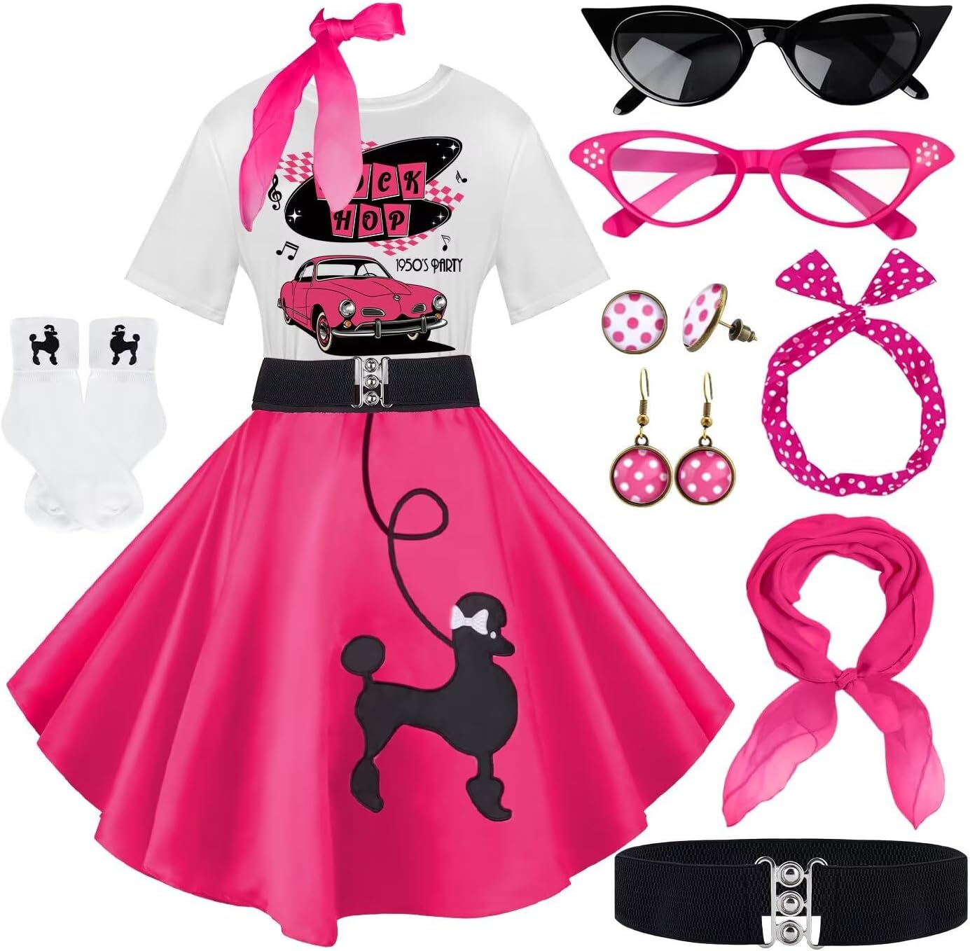 10Pcs Sock Hop Outfits Women with 1950s Poodle Skirts