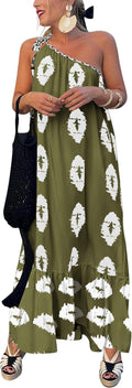 Women's One Shoulder Maxi Dress Printed Flowy Sundress - Flattering