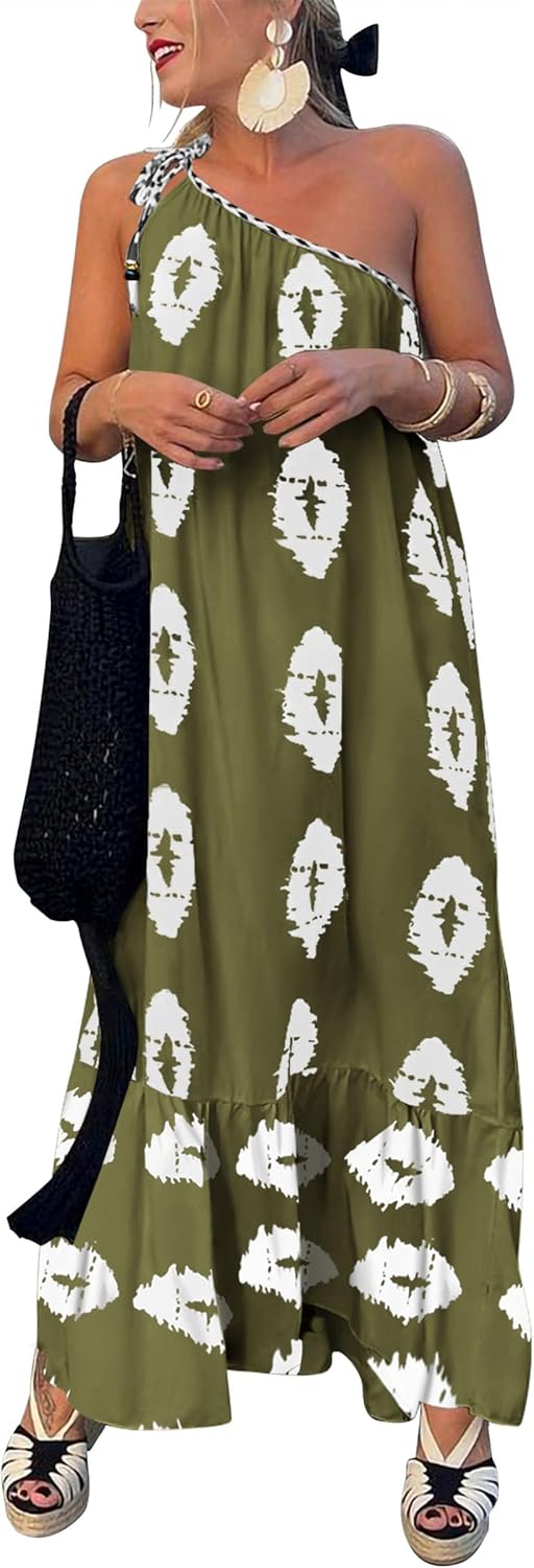 One Shoulder Maxi Dress for Women - Flowy Boho Beach Style