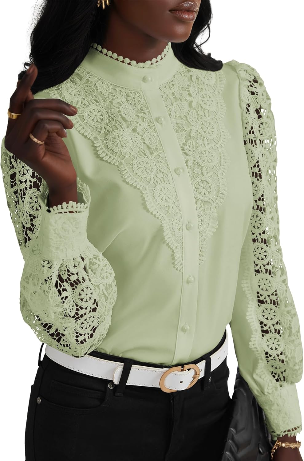 Elegant Women's Lace Crochet Mock Neck Long Sleeve Blouse Top