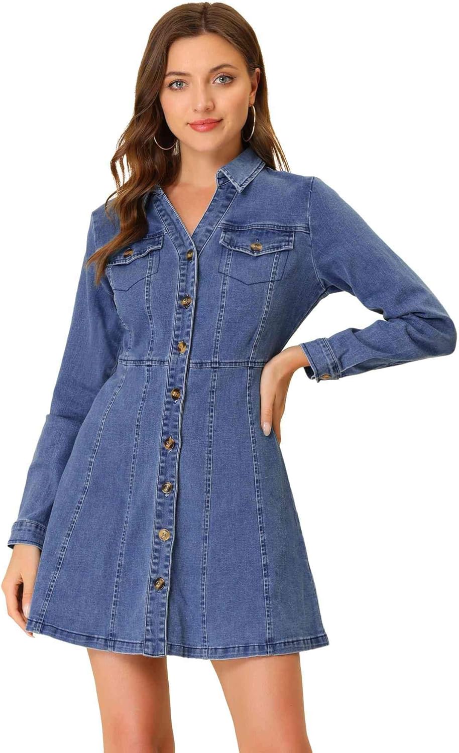 Allegra K Women's Denim Dress with Button Down Collar and V Neck