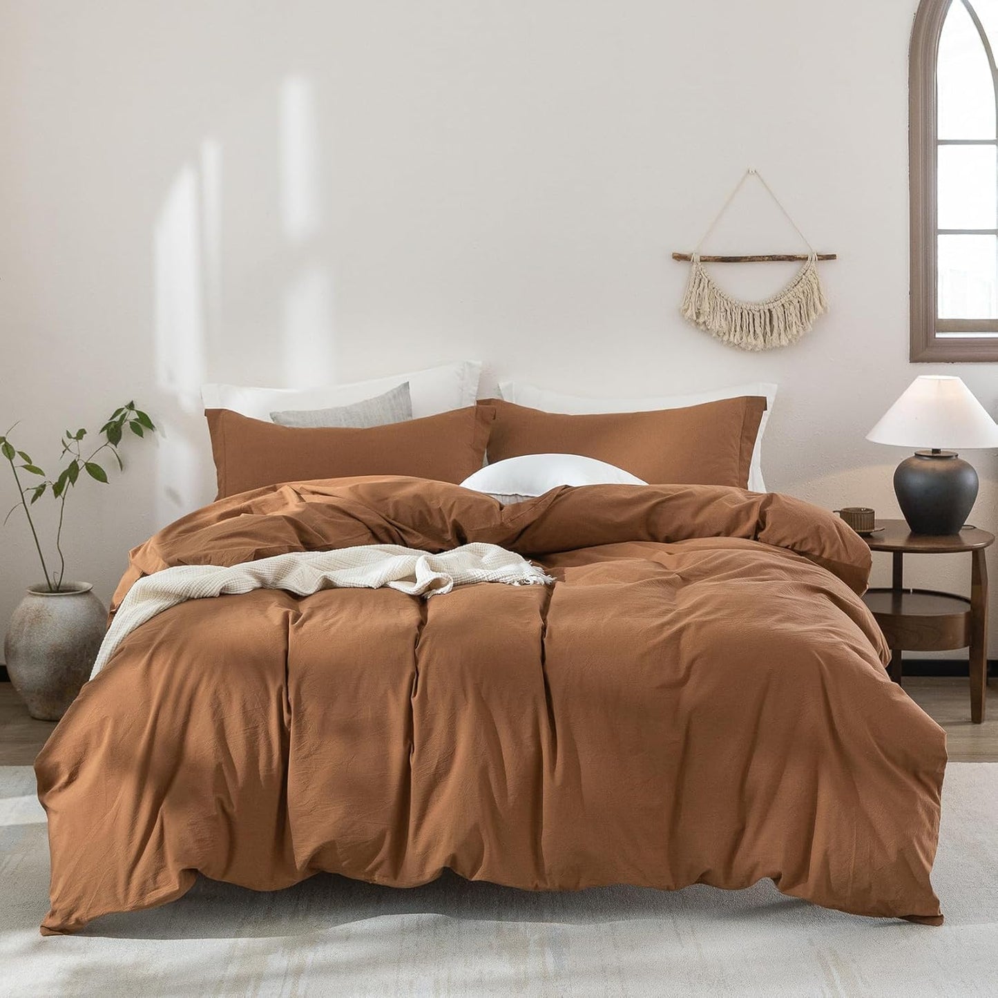 100% Washed Cotton Dark Orange Duvet Cover Set for Queen Beds
