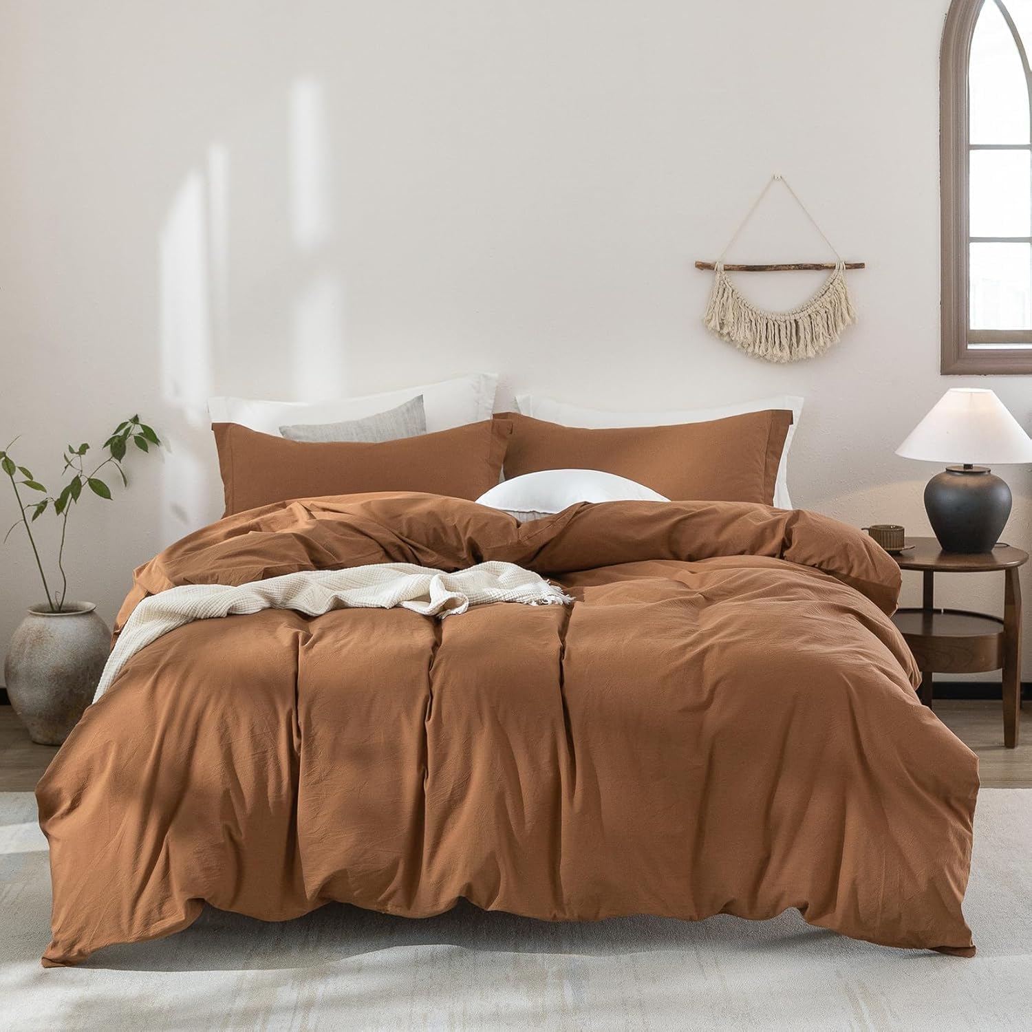 100% Washed Cotton Dark Orange Duvet Cover Set for Queen Beds