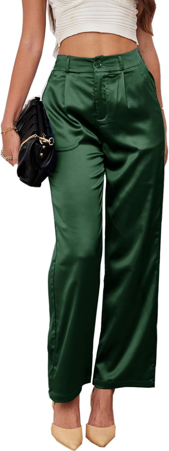 Women's Wide Leg Satin Casual Dress Pants for Nightout Events