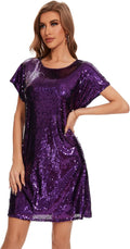Women's Crewneck Sequin Shift Dress Short Sleeve - Sparkly Casual FEMI