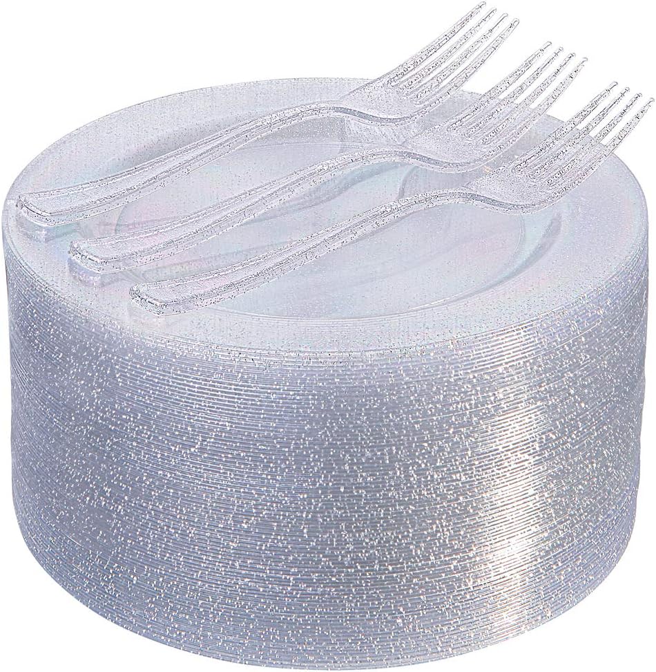 144Pcs Silver Glitter Dessert Plates Set for Elegant Parties