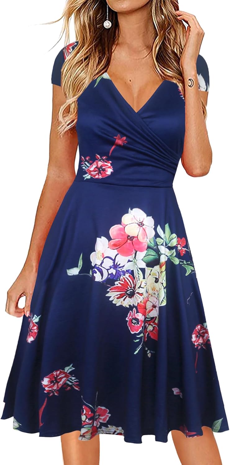 Oxiuly Women's Cap Sleeve Summer Casual Floral Vacation Dress