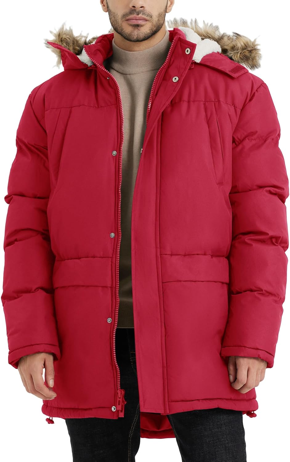 Men's Long Winter Hooded Jacket Warm Windproof Puffy Coat