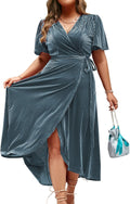 BerryGo Velvet V Neck Wrap Midi Dress - Elegant Semi Formal