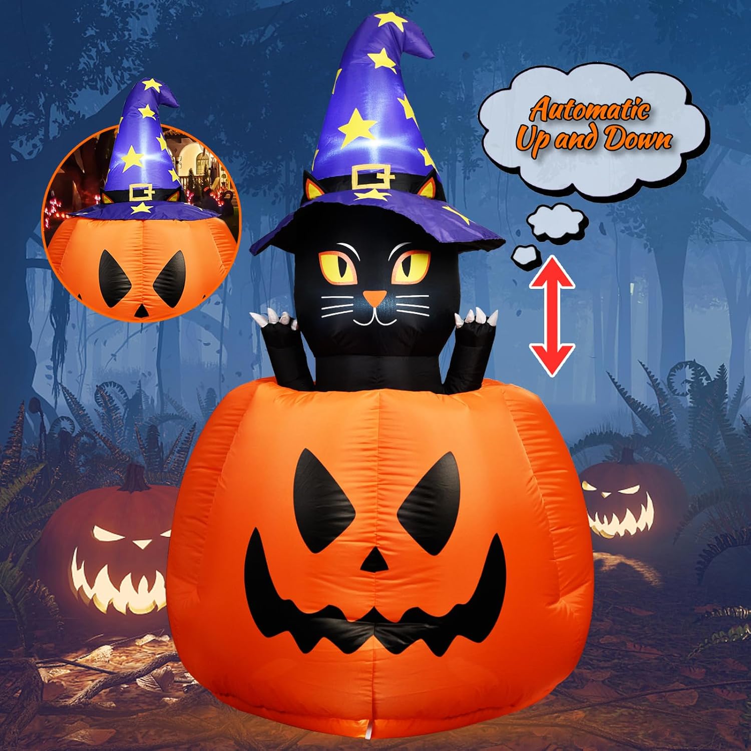 5.3 FT Halloween Inflatable Animated Witch Cat in Pumpkin Decor