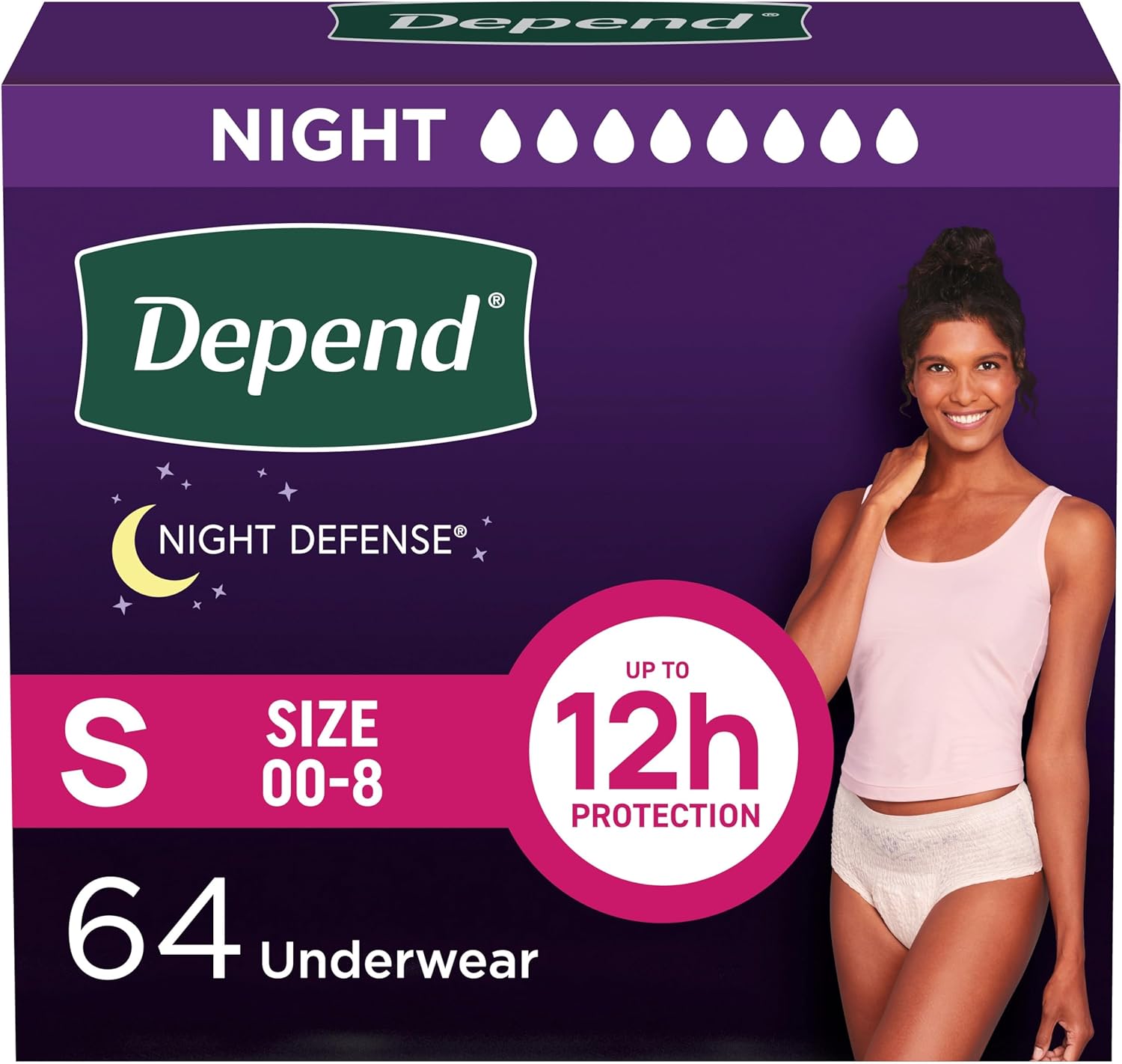 Depend Night Defense Adult Diapers for Women, Small Size, 64 Count