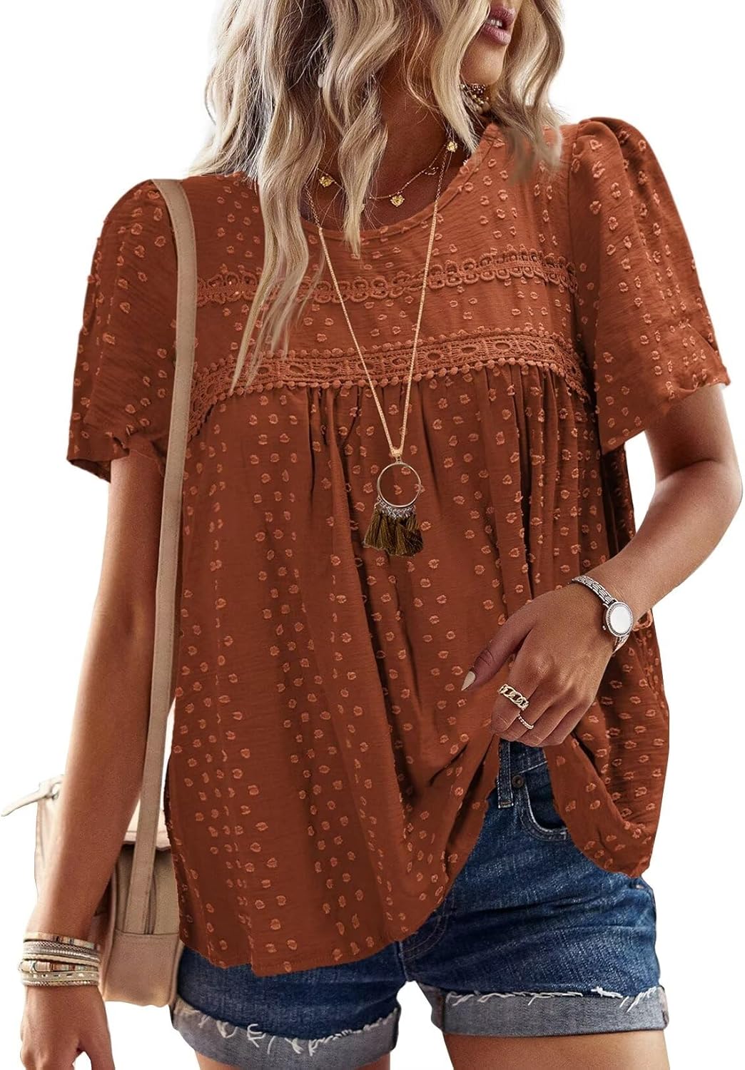 Womens Summer Tops Crewneck Short Sleeve Casual Chiffon Blouses