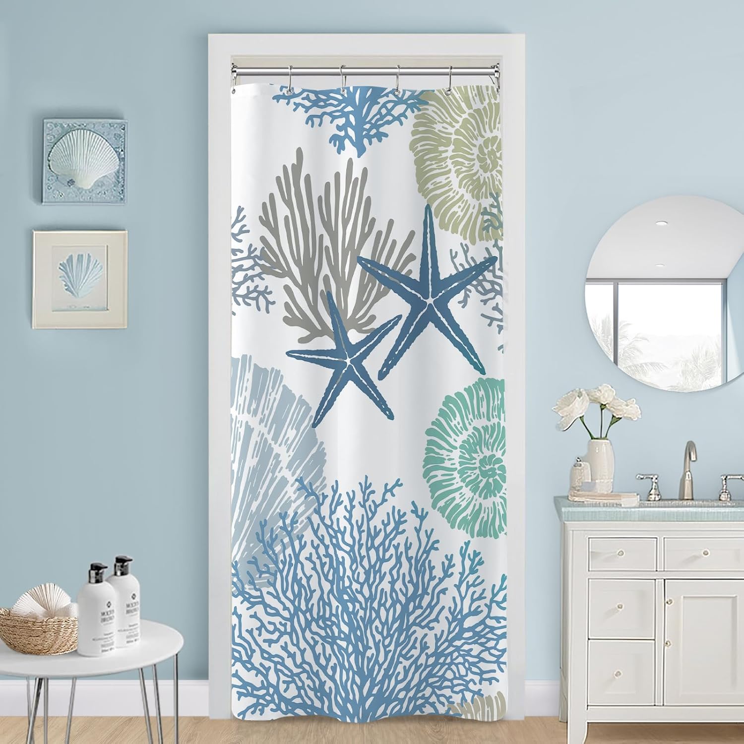 Nautical Coastal Shower Curtain, Summer Seashell Starfish Theme, Blue, 36x72