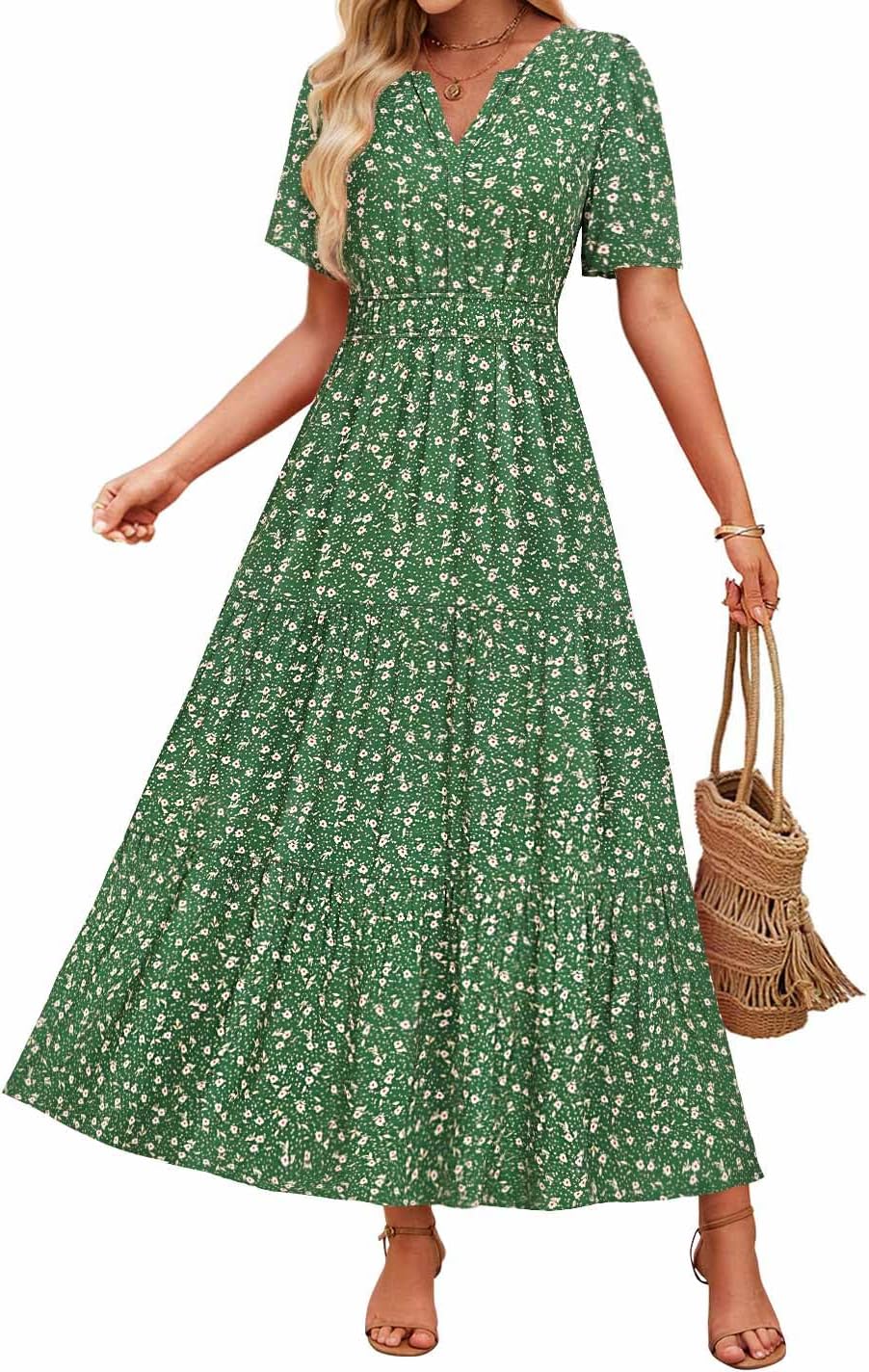 ZESICA Women's Floral Print Short Sleeve V Neck Maxi Dress