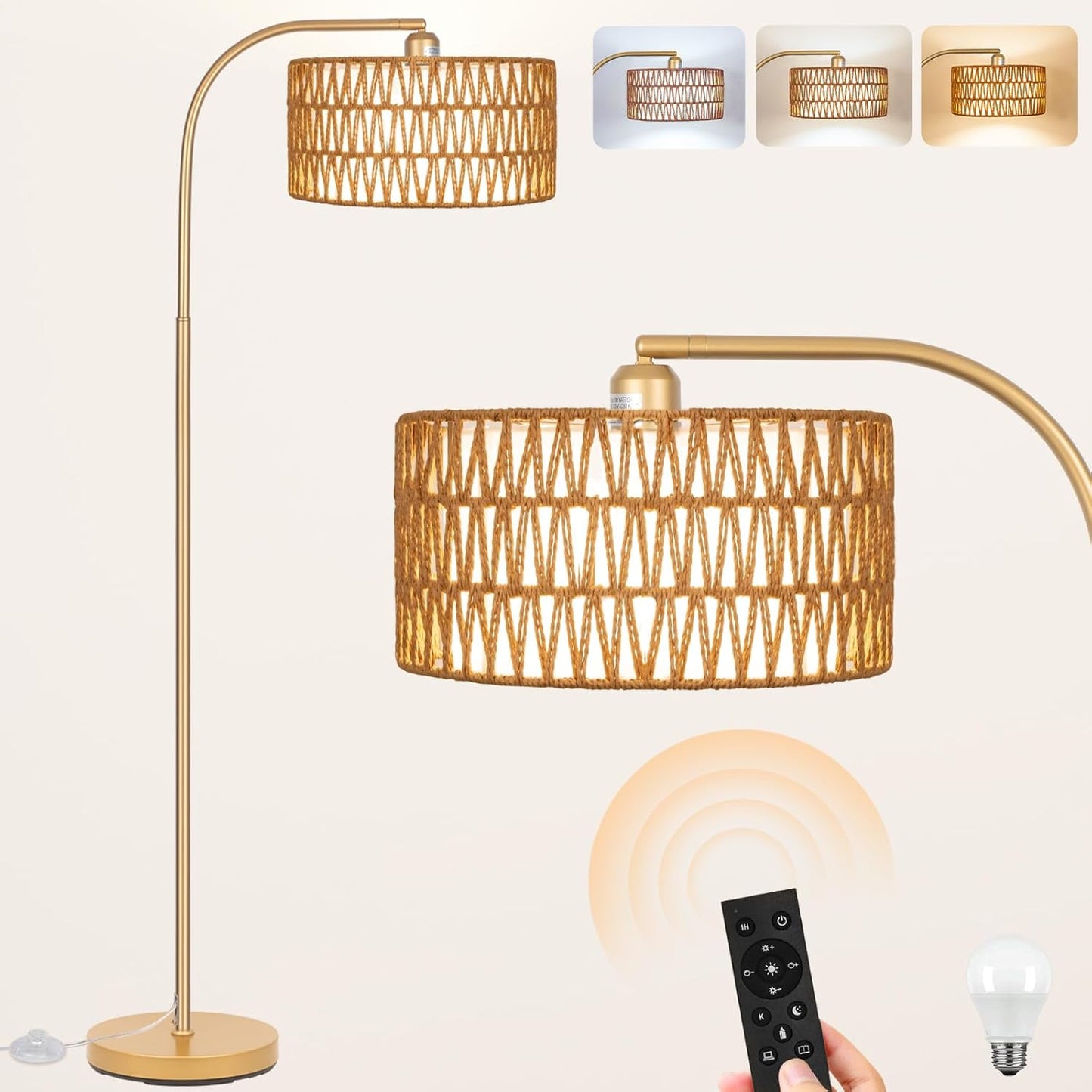 Gold Floor Lamp with Rattan Shade - Dimmable & Adjustable Design